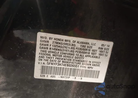 2014 Honda Pilot Ex-L from USA, damaged, VIN 5FNYF3H74EB026551